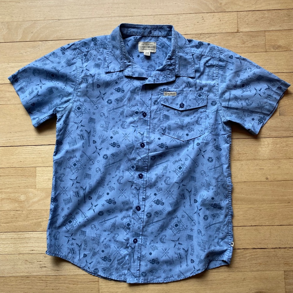 Lucky Brand Boys Cotton Chambray Button Down Short Sleeve Shirt - Size L
